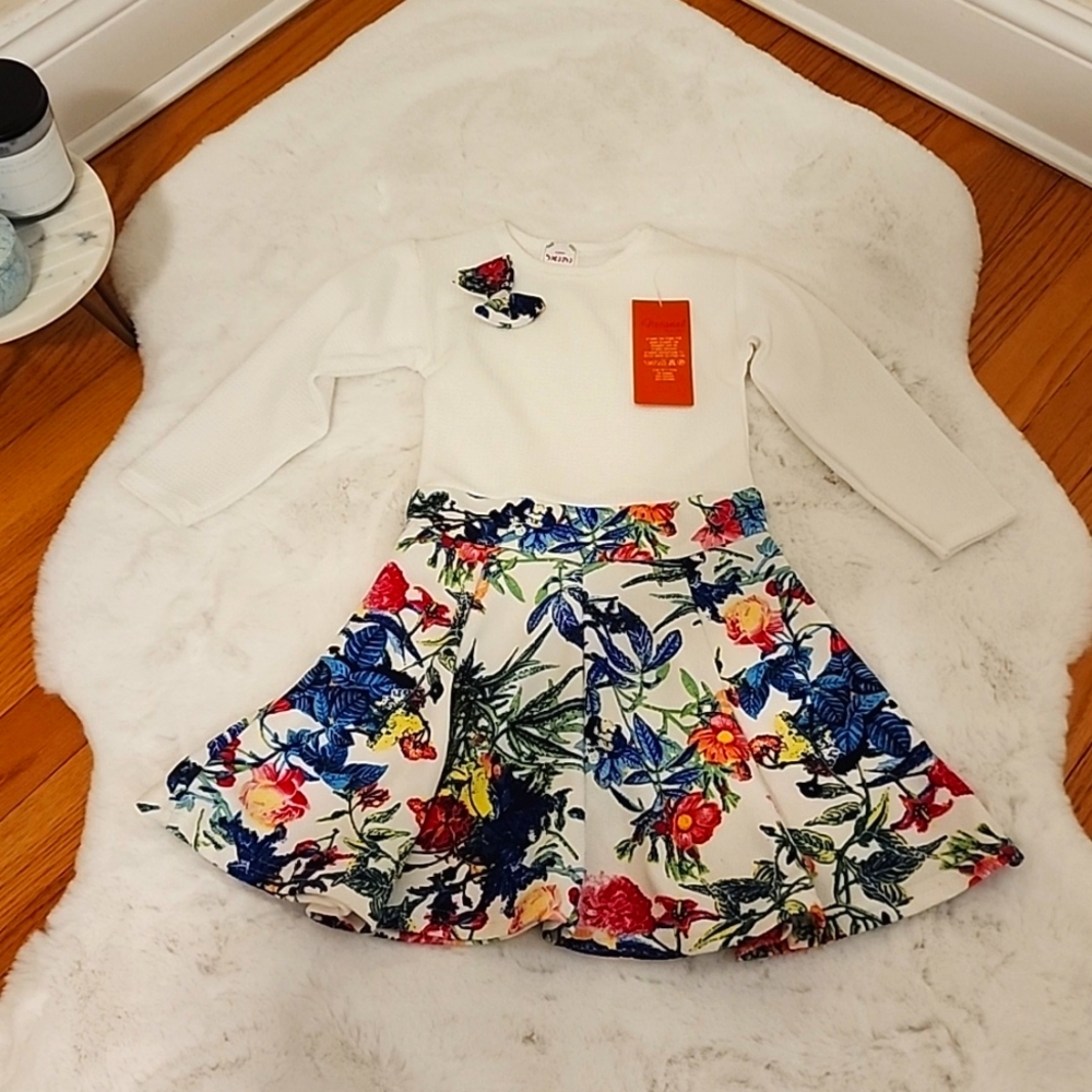 Nathaniel Fasion NWT 4 Toddler Girls Dress White&Multicolor Floral Long Sleeves
